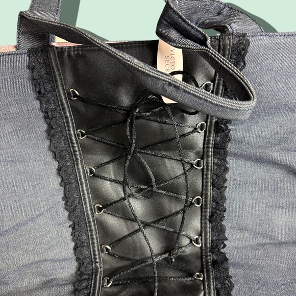 NWT Victoria’s Secret Denim Black Lace Corset Pink Silk Lined Tote Bag - Picture 2 of 10